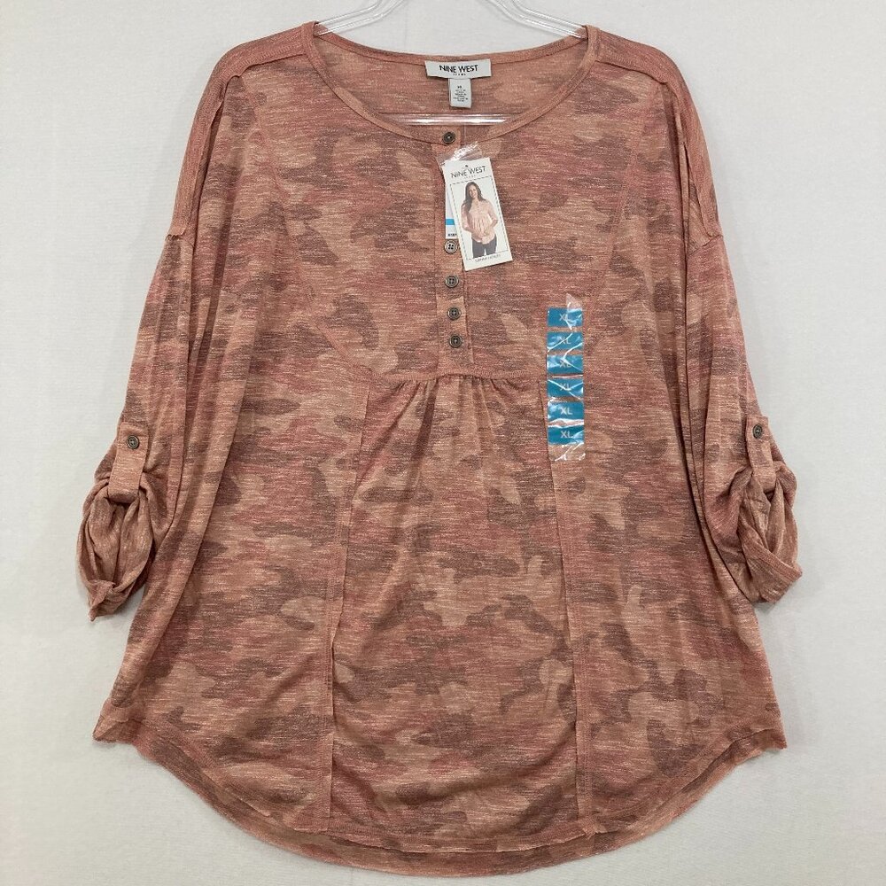 New Nine West Blouse size XL Brinne Henley Stretch Knit 3/4 Sleeve Comfy Elegant